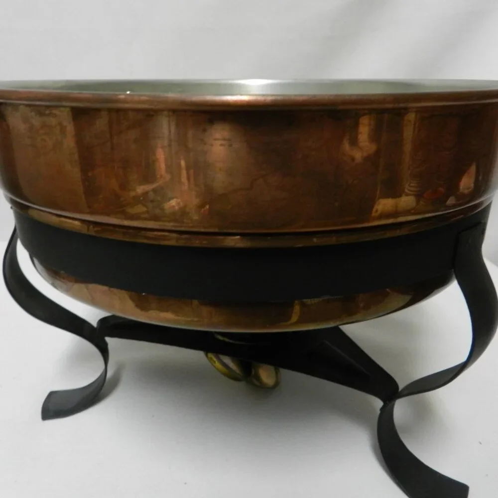 Old Dutch Design Brass Copper Chafing Dish Teak Wood Handle Vintage Mid Century